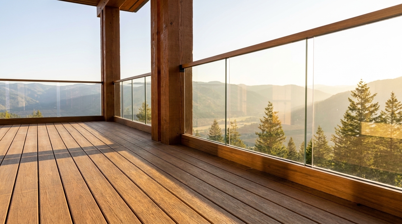 Glass deck railing with a woodgrain top cap and matching woodgrain base shoe, mountain view beyond